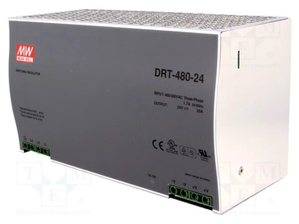 AC-DC Industrial DIN rail power supply - Output 24Vdc at 20A - metal case - 3-phase input