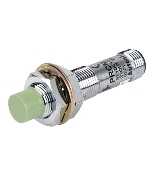 M12 Inductive Proximity Sensor (PRCM12-4DN2): Detects metal objects up to 4mm away. Normally closed (NPN) output, activates when metal is near. Brass housing with nickel plating for durability (IP67 rated). DC 3-wire connection, 12-24V power supply. Operating temperature: -25°C to 70°C.