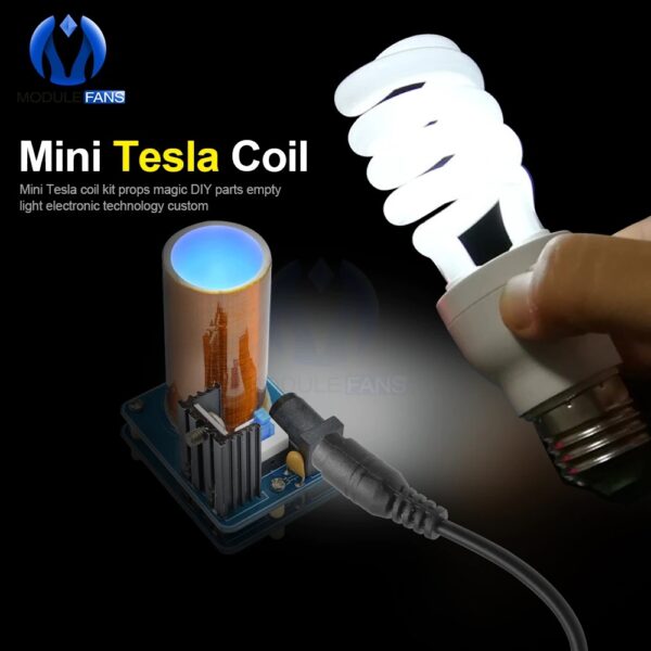 DIY Mini Tesla Coil Kit (BD243C) for creating small electrical sparks. Includes parts, lights, and instructions. Fun electronics project!