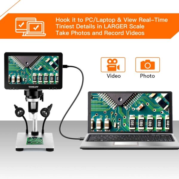 TOMLOV DM9 7" LCD Digital Microscope 1200X, 1080P Video Microscope with Metal Stand, 12MP Ultra-Precise Focusing, LED Fill Lights, PC View, Windows/Mac OS Compatible, with SD Card, Model- DM9 - Image 2