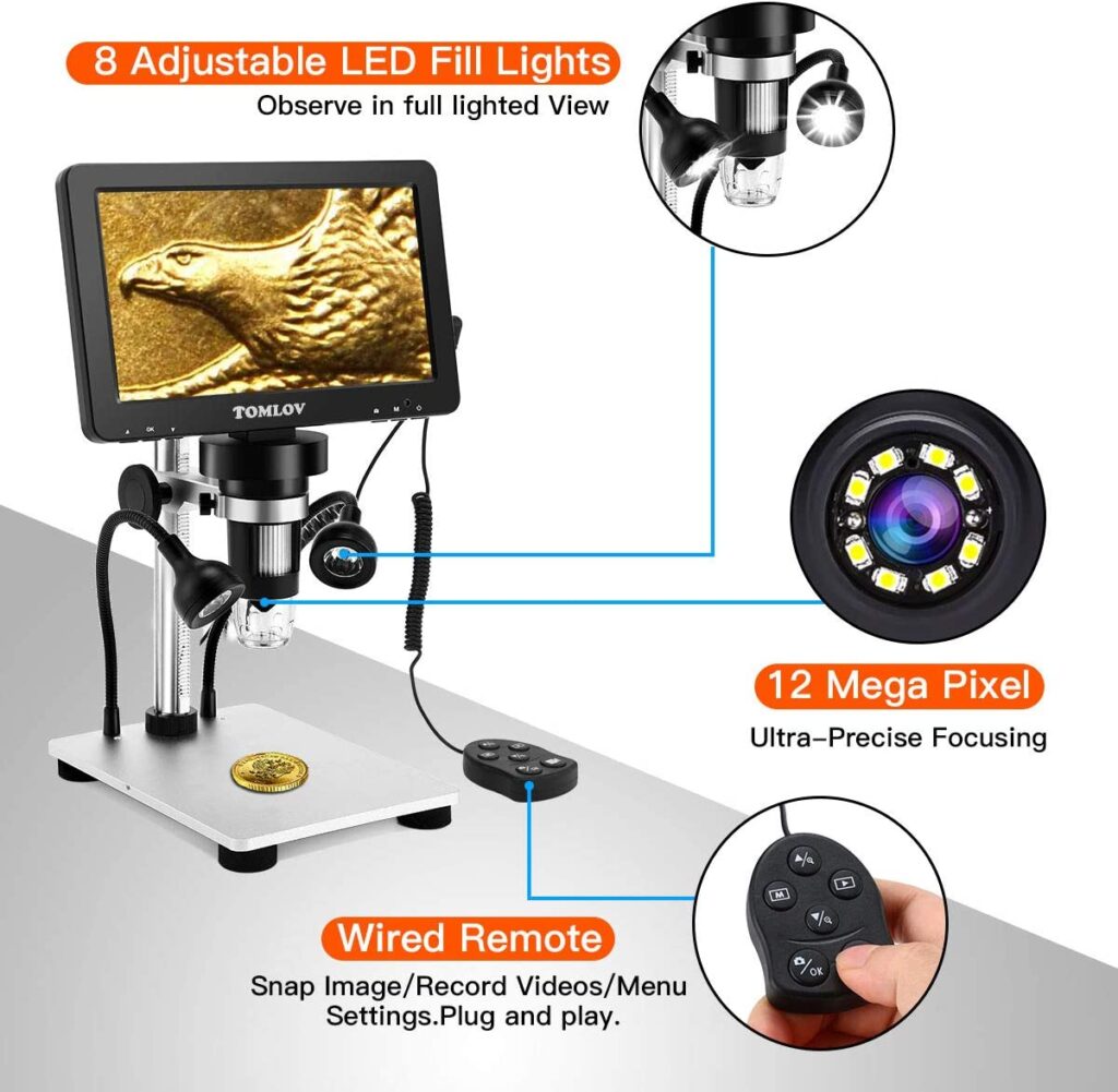 TOMLOV DM9 7″ LCD Digital Microscope 1200X, 1080P Video Microscope with