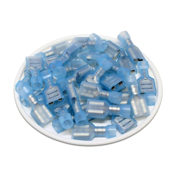 Female Spade Wire Connectors, (Blue 16-14AWG) Fully Insulated Nylon Quick Disconnect Electrica Crimp Cold-Pressed Terminal Connectors FDFNY2-250