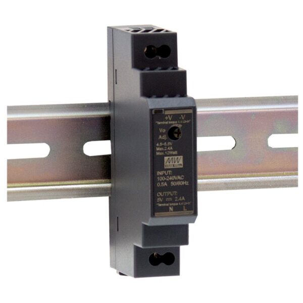 HDR-15-24 AC-DC Ultra slim DIN rail power supply; Input range 85-264VAC; Output 24VDC at 0.63A; Pass LPS