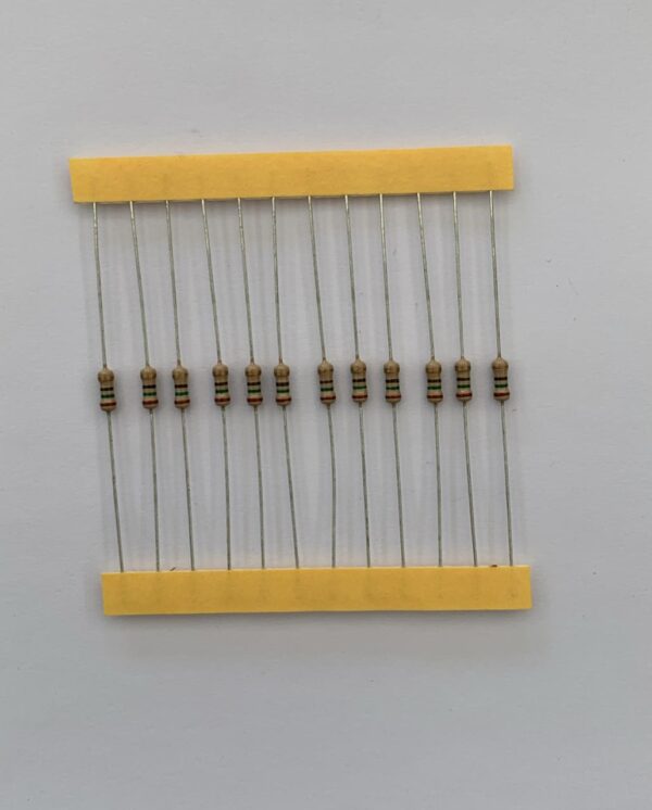 Electronic component: 0.25 watt, 15 ohm resistor.