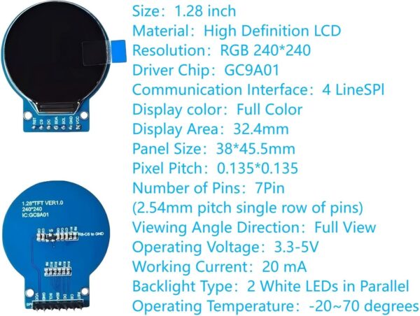 TFT LCD Display Screen Compatible with for Arduino (1.28 Inch 240x240) Round Full Color HD IPS Full View RGB Display GC9A01 Driver Chips 7 Pin SPI Interfac Welding Pins - Image 3