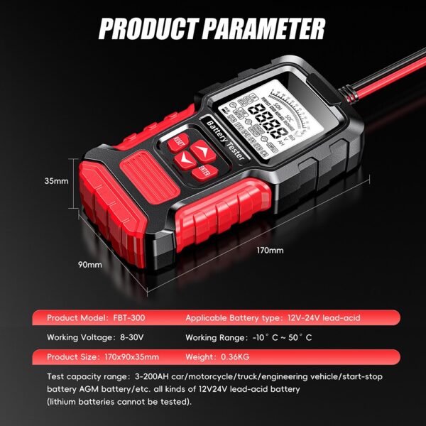 Car Battery Tester 12V/24V, LCD Battery Analyzer Test Tool Digital Analyzer Tester 100-2000CCA, FBT300 Automotive Bad Cell Load Test Tool, Professional Battery Checker Tester for Car Truck Motorcycle - Image 9