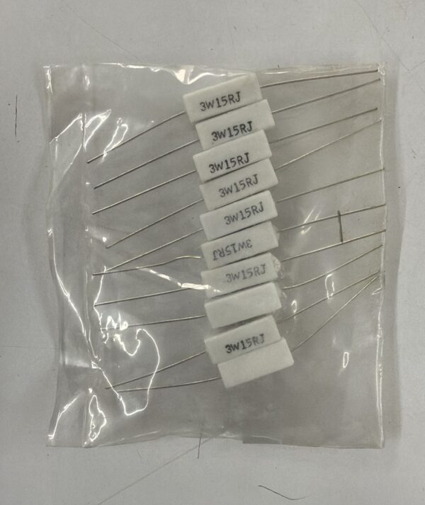 Electronic component: 3 watt, 5%, 15 ohm resistor.