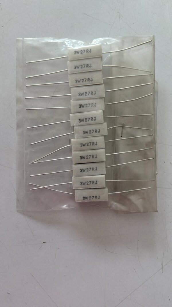 Electronic component: 3 watt, 5%, 27 ohm resistor.