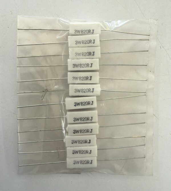 Electronic component: 3 watt, 5%, 820 ohm resistor.
