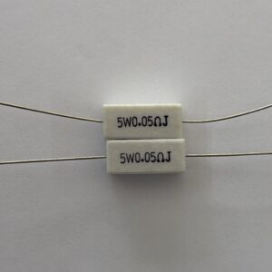 Electronic component: 5 watt, 5%, 0.05 ohm resistor.