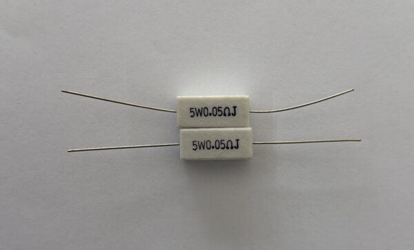 Electronic component: 5 watt, 5%, 0.05 ohm resistor.