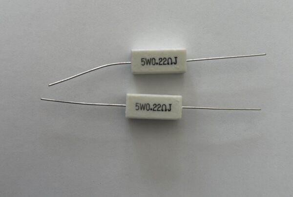 Electronic component: 5 watt, 5%, 0.22 ohm resistor.