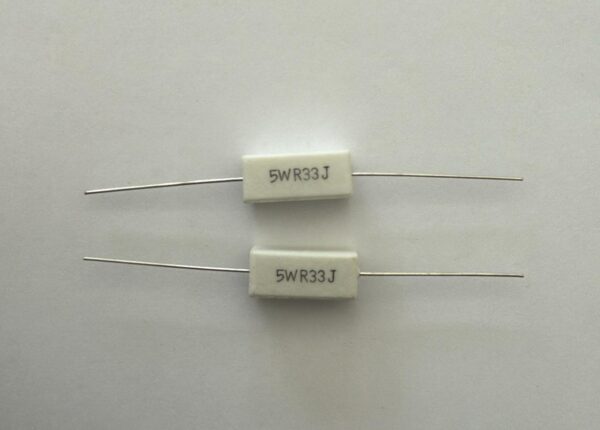 Electronic component: 5 watt, 5%, 0.33 ohm resistor.