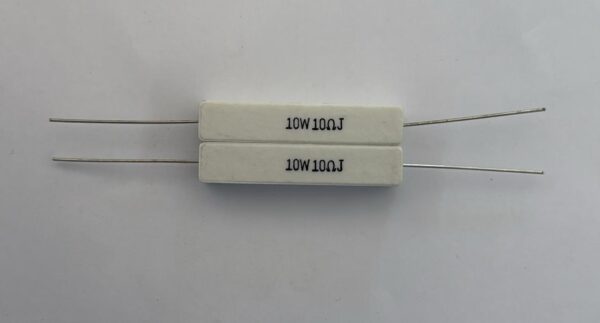 Electronic component: 10 watt, 5%, 10 ohm resistor.