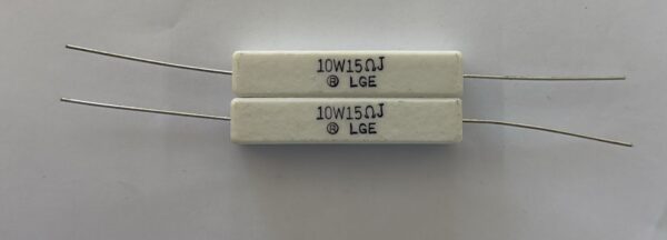 Electronic component: 10 watt, 5%, 15 ohm resistor.