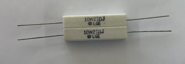 Electronic component: 10 watt, 5%, 27 ohm resistor.