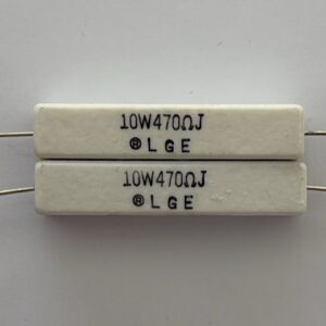 Electronic component: 10 watt, 5%, 470 ohm resistor.