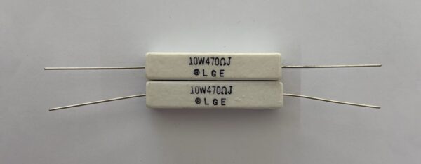 Electronic component: 10 watt, 5%, 470 ohm resistor.