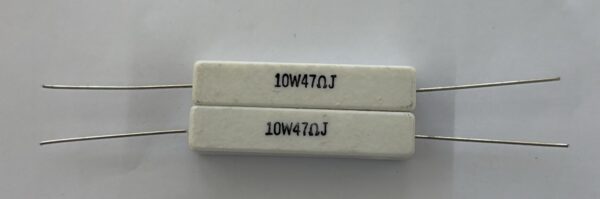 Electronic component: 10 watt, 5%, 47 ohm resistor.