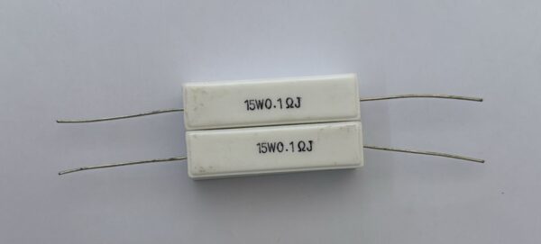 Electronic component: 15 watt, 5%, 0.1 ohm resistor.