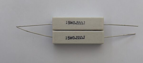 Electronic component: 15 watt, 5%, 0.22 ohm resistor.