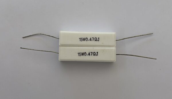 Electronic component: 15 watt, 5%, 0.47 ohm resistor.