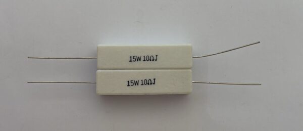 Electronic component: 15 watt, 5%, 10 ohm resistor.