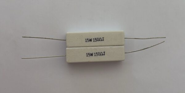 Electronic component: 15 watt, 5%, 150 ohm resistor.