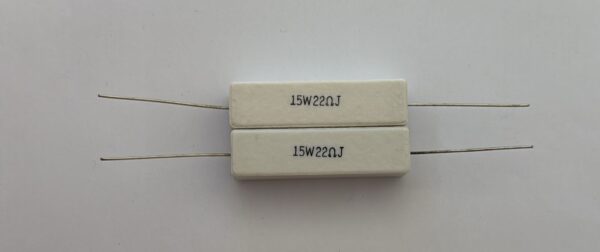 Electronic component: 15 watt, 5%, 22 ohm resistor.