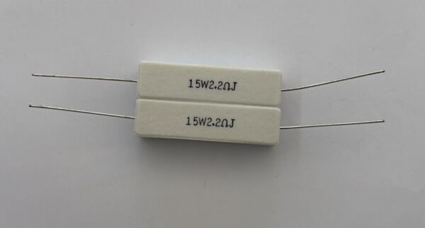 Electronic component: 15 watt, 5%, 2.2 ohm resistor.