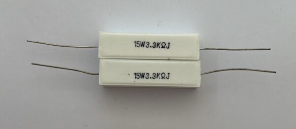 Electronic component: 15 watt, 5%, 3.3 kohm resistor.