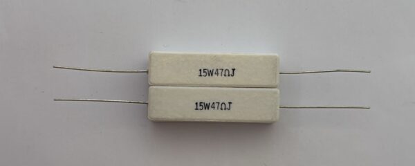 Electronic component: 15 watt, 5%, 47 ohm resistor.