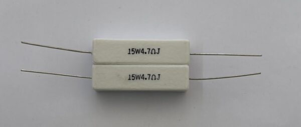 Electronic component: 15 watt, 5%, 4.7 ohm resistor.