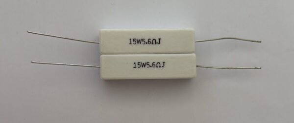 Electronic component: 15 watt, 5%, 5.6 ohm resistor.