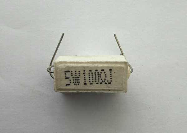 Electronic component: 5 watt, 5%, 100 ohm resistor.