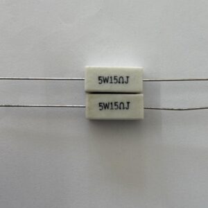 Electronic component: 5 watt, 5%, 15 ohm resistor.