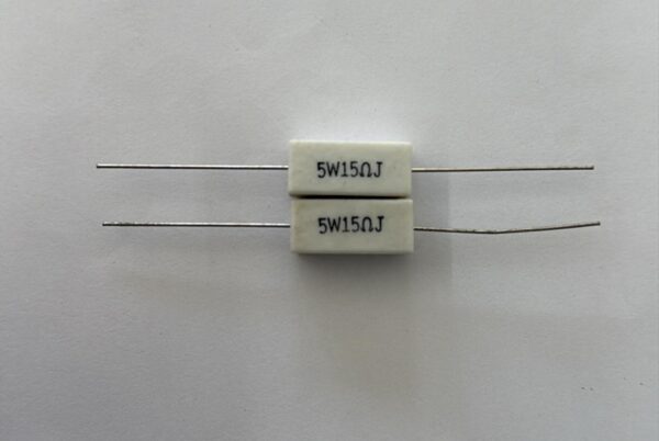 Electronic component: 5 watt, 5%, 15 ohm resistor.