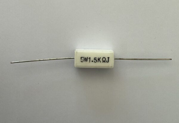 Electronic component: 5 watt, 5%, 1.5 kohm resistor.