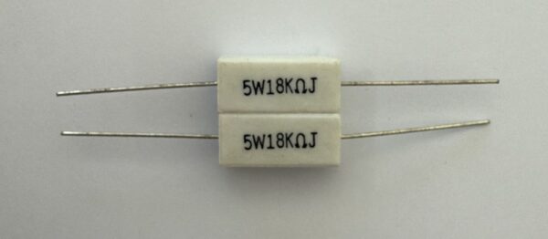 Electronic component: 5 watt, 5%, 18 kohm resistor.