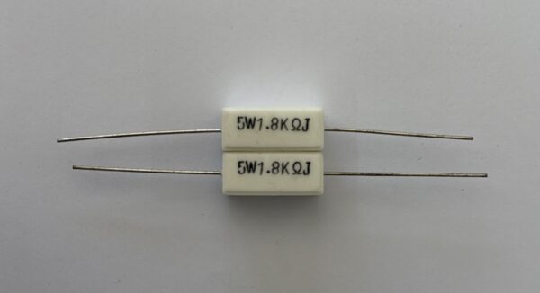 Electronic component: 5 watt, 5%, 1.8 kohm resistor.