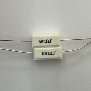 Electronic component: 5 watt, 5%, 1 ohm resistor.