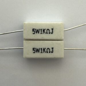 Electronic component: 5 watt, 5%, 1 kohm resistor.