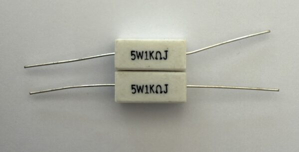 Electronic component: 5 watt, 5%, 1 kohm resistor.
