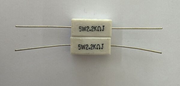 Electronic component: 5 watt, 5%, 2.2 kohm resistor.