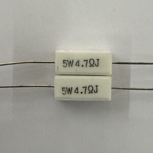 Electronic component: 5 watt, 5%, 4.7 ohm resistor.