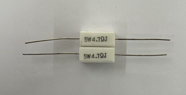 Electronic component: 5 watt, 5%, 4.7 ohm resistor.