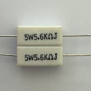 Electronic component: 5 watt, 5%, 5.6 kohm resistor.