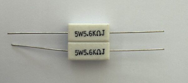 Electronic component: 5 watt, 5%, 5.6 kohm resistor.