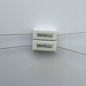 Electronic component: 5 watt, 5%, 680 ohm resistor.