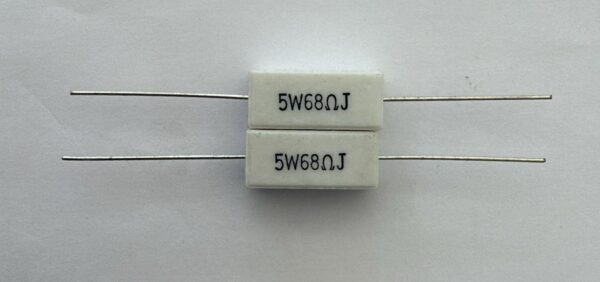 Electronic component: 5 watt, 5%, 68 ohm resistor.